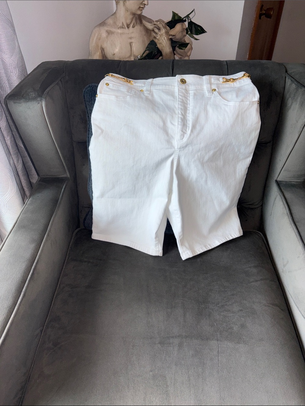 INC International Concepts White Denim Bermuda Shorts with Gold Accents